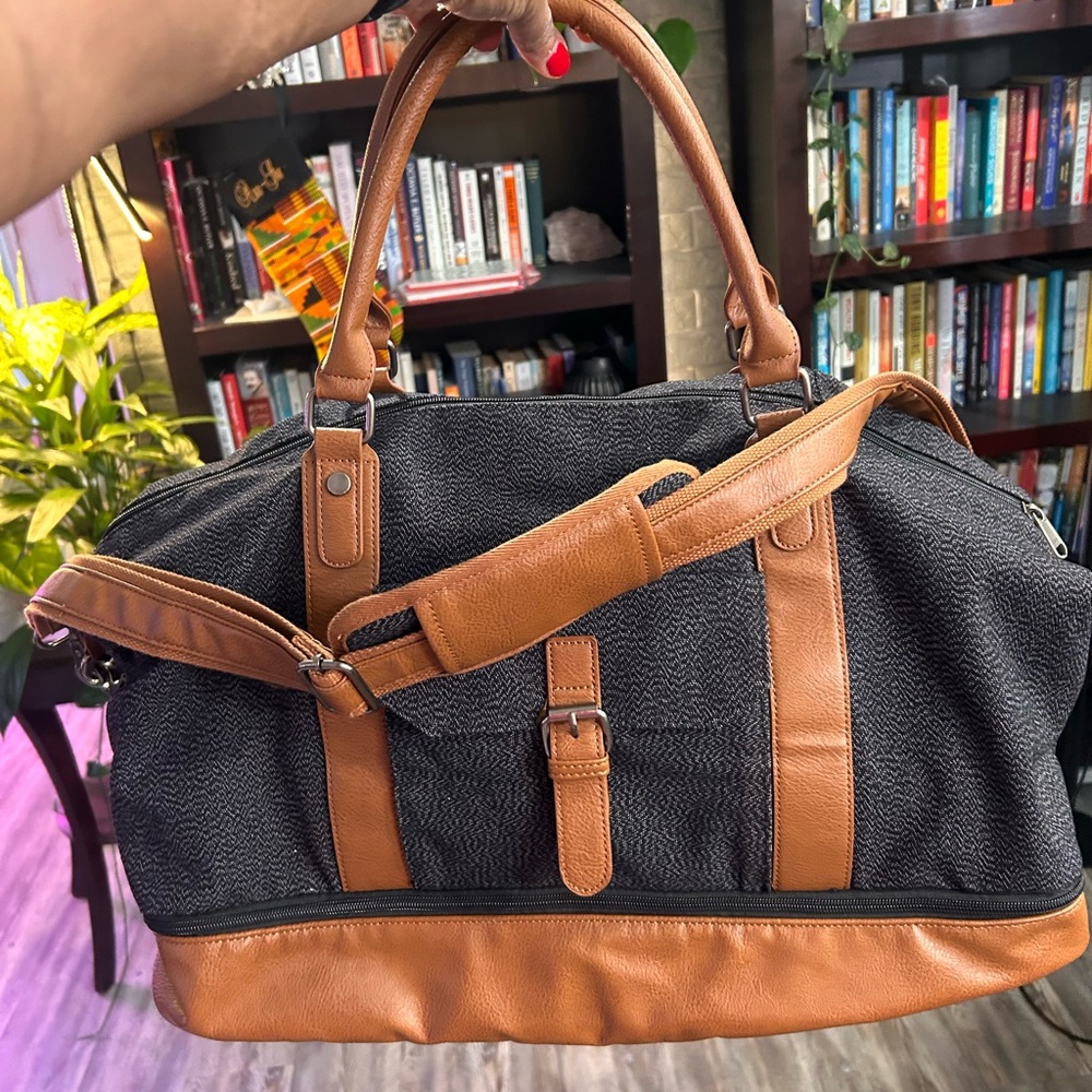 Classic Tweed Weekender Duffel Bag | Faux Leather Trim | Travel Carry-On